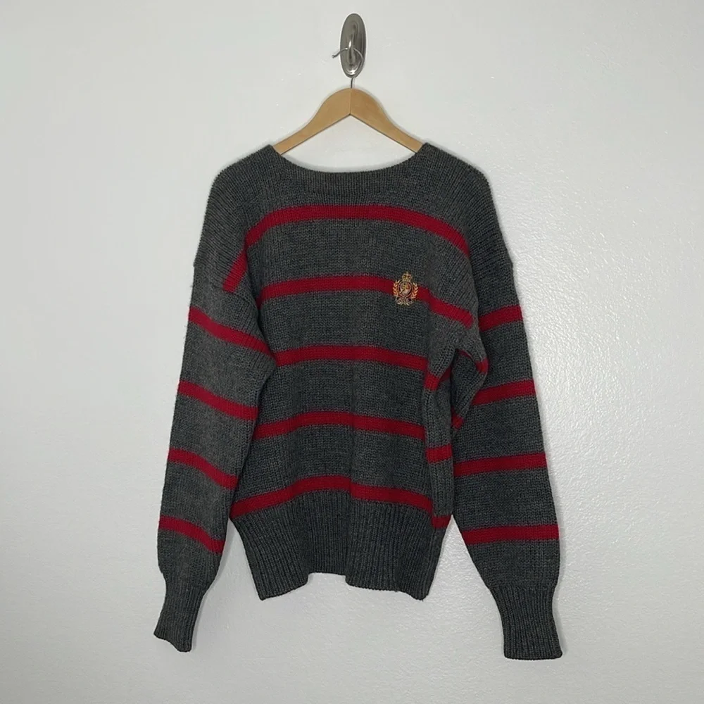 Vintage POLO RALPH LAUREN Gray Red Wool CROWN CREST Embroidered SWEATER Mens XL